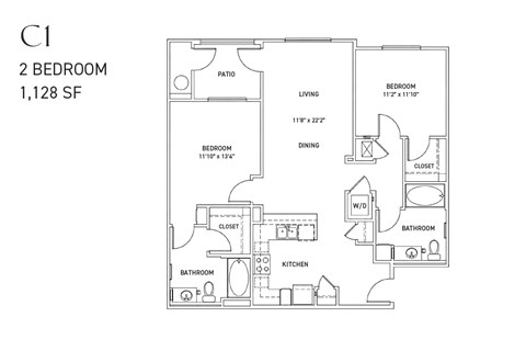 Floor plan for 2 beds, 2 baths, 1128 sqft